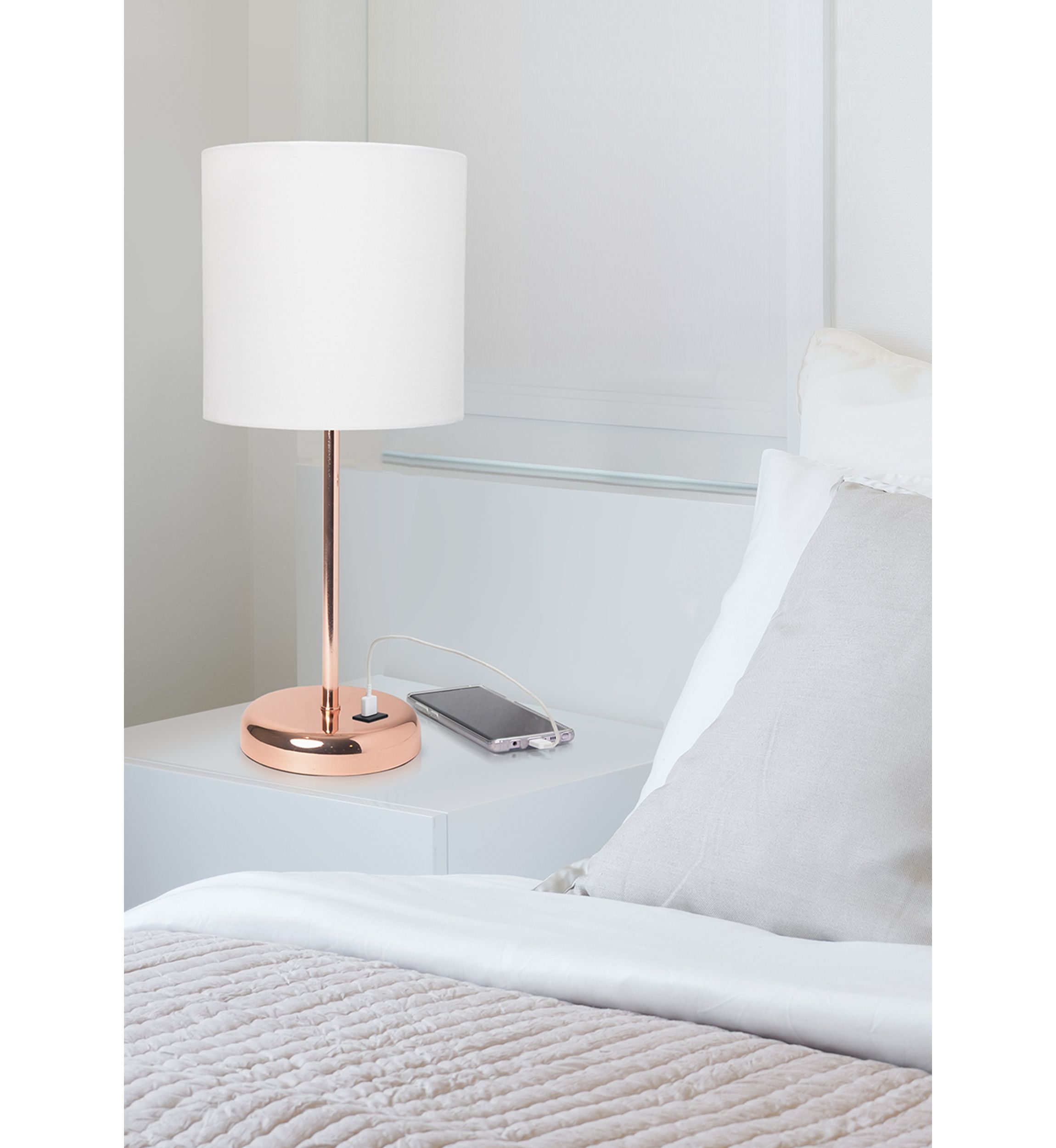 Stick Lamp with USB charging port and Fabric Shade