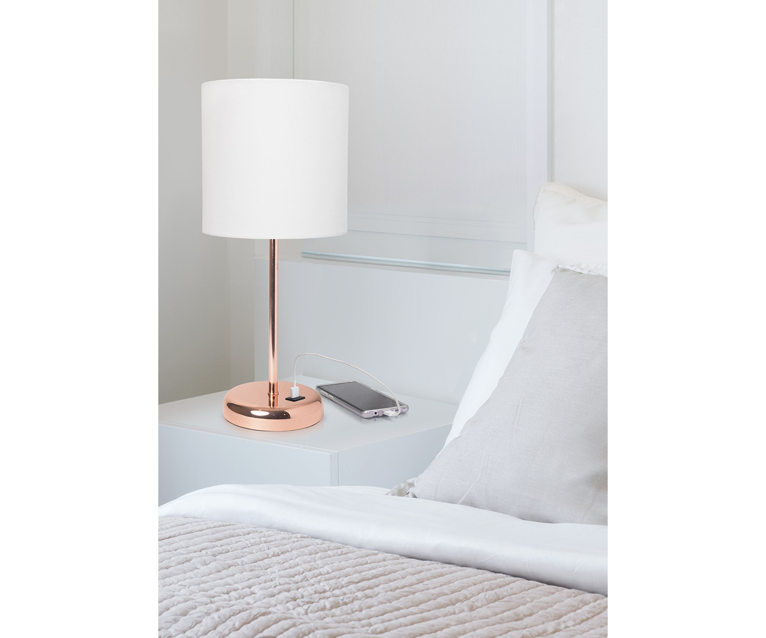 Stick Lamp with USB charging port and Fabric Shade