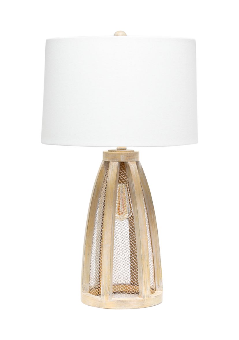 Wooded Arch Farmhouse Table Lamp with White Fabric Shade
