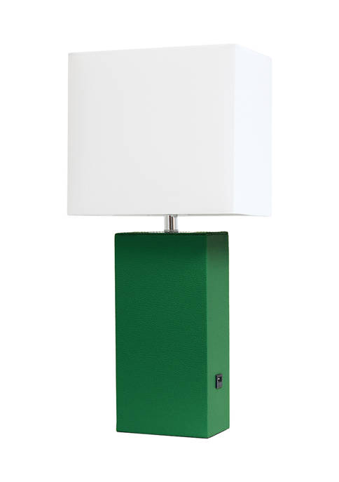Modern Leather Table Lamp with USB and White Fabric Shade
