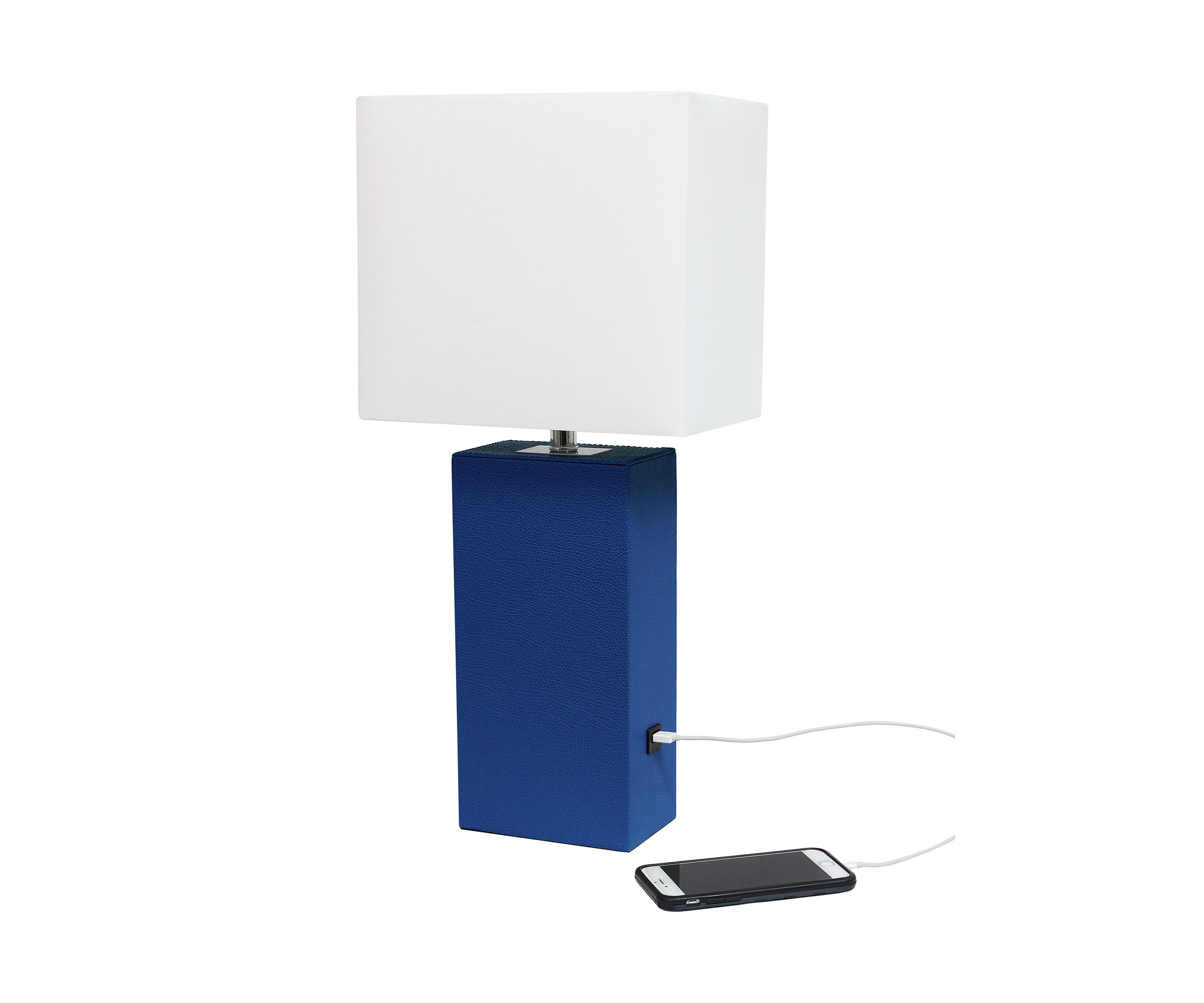 Modern Leather Table Lamp with USB and White Fabric Shade