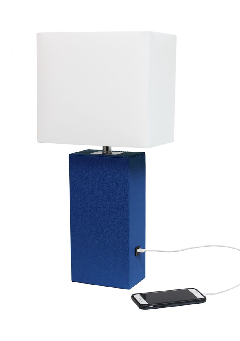Modern Leather Table Lamp with USB and White Fabric Shade