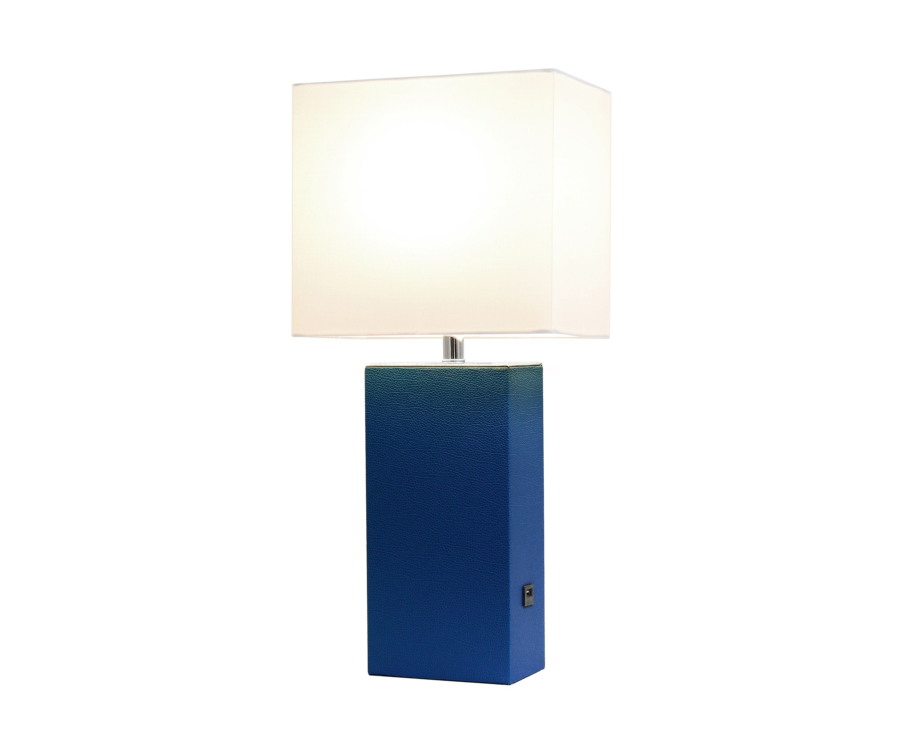 Modern Leather Table Lamp with USB and White Fabric Shade
