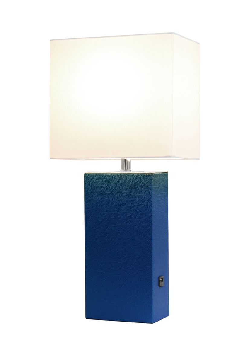 Modern Leather Table Lamp with USB and White Fabric Shade