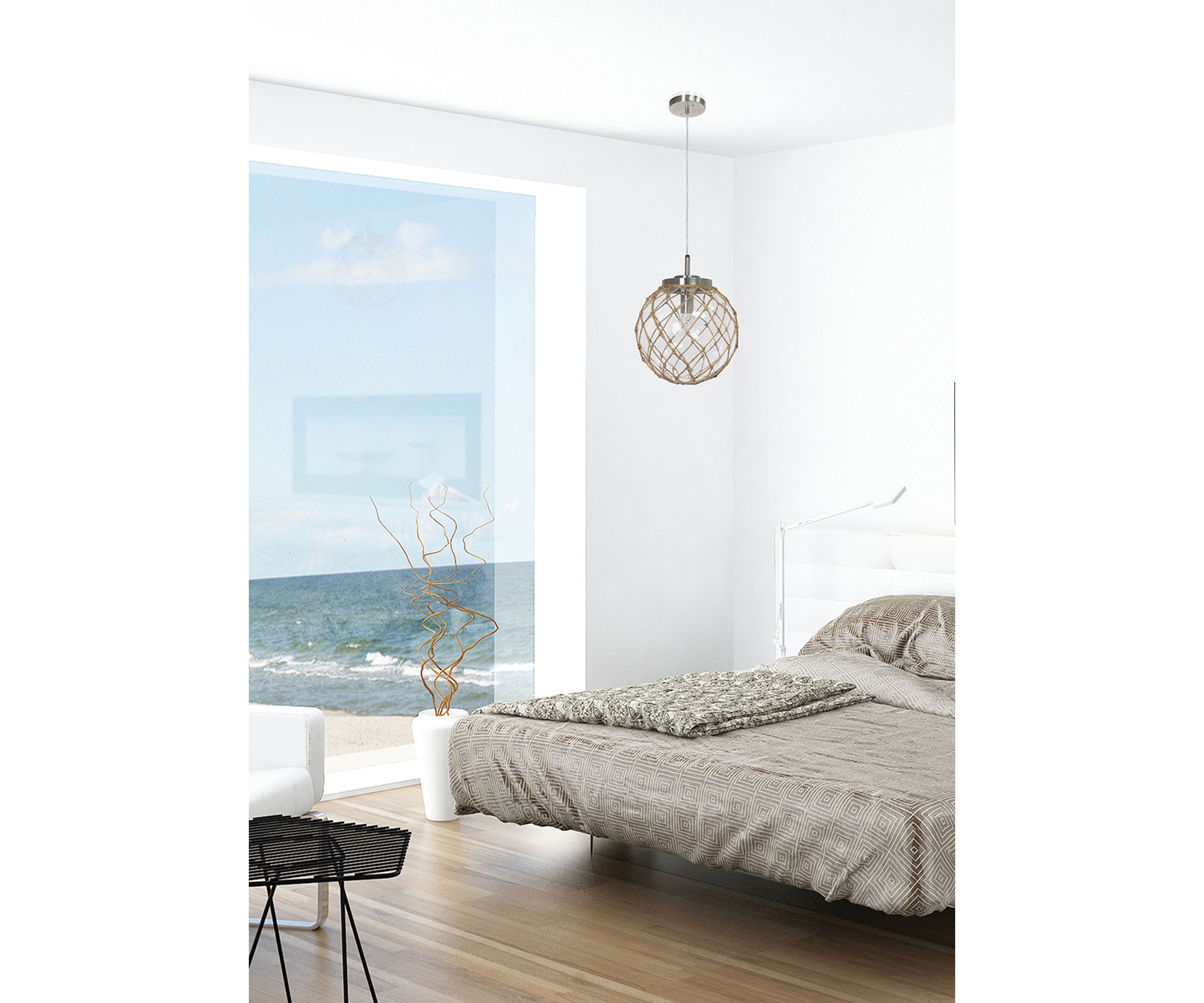 Buoy Netted Brushed Nickel Coastal Ocean Sea Glass Pendant with Natural Rope