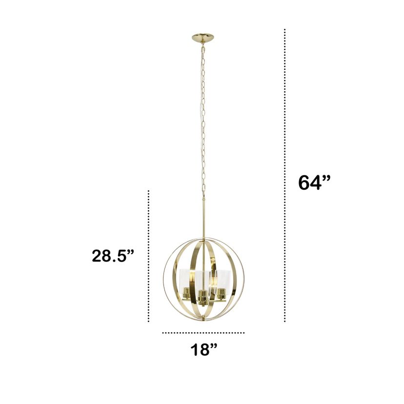 3-Light 18" Adjustable Globe Hanging Metal and Clear Glass Ceiling Pendant