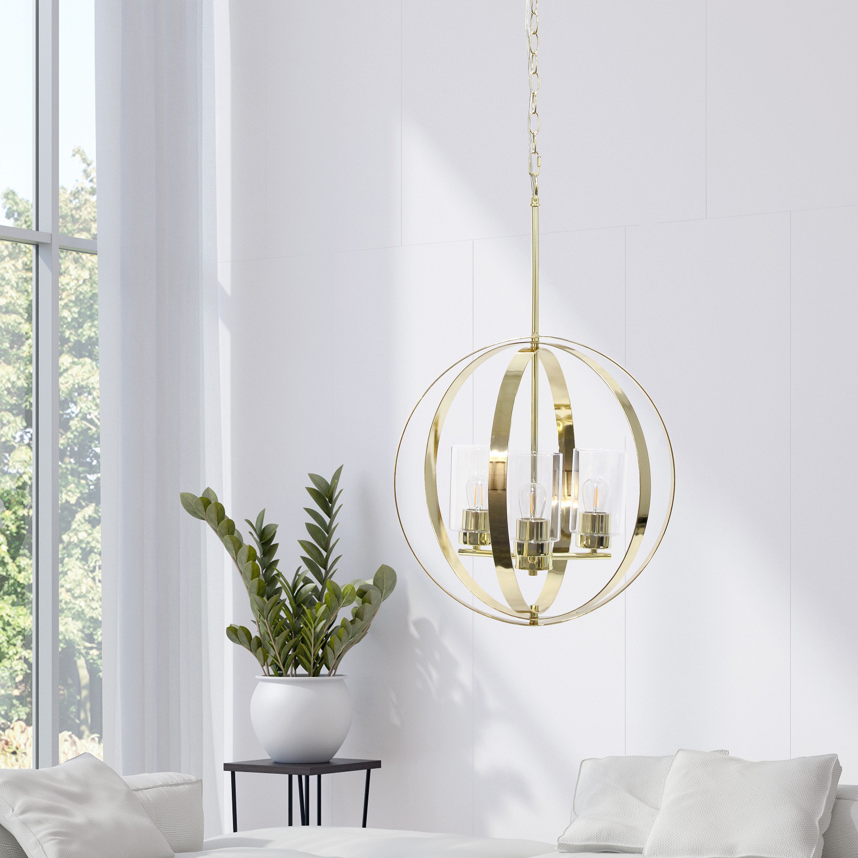3-Light 18" Adjustable Globe Hanging Metal and Clear Glass Ceiling Pendant