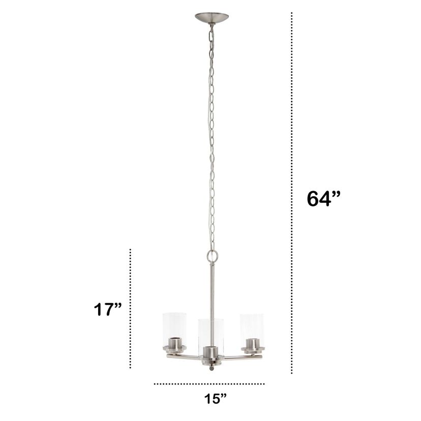 3-Light 15" Classic Contemporary Clear Glass and Metal Hanging Pendant Chandelier
