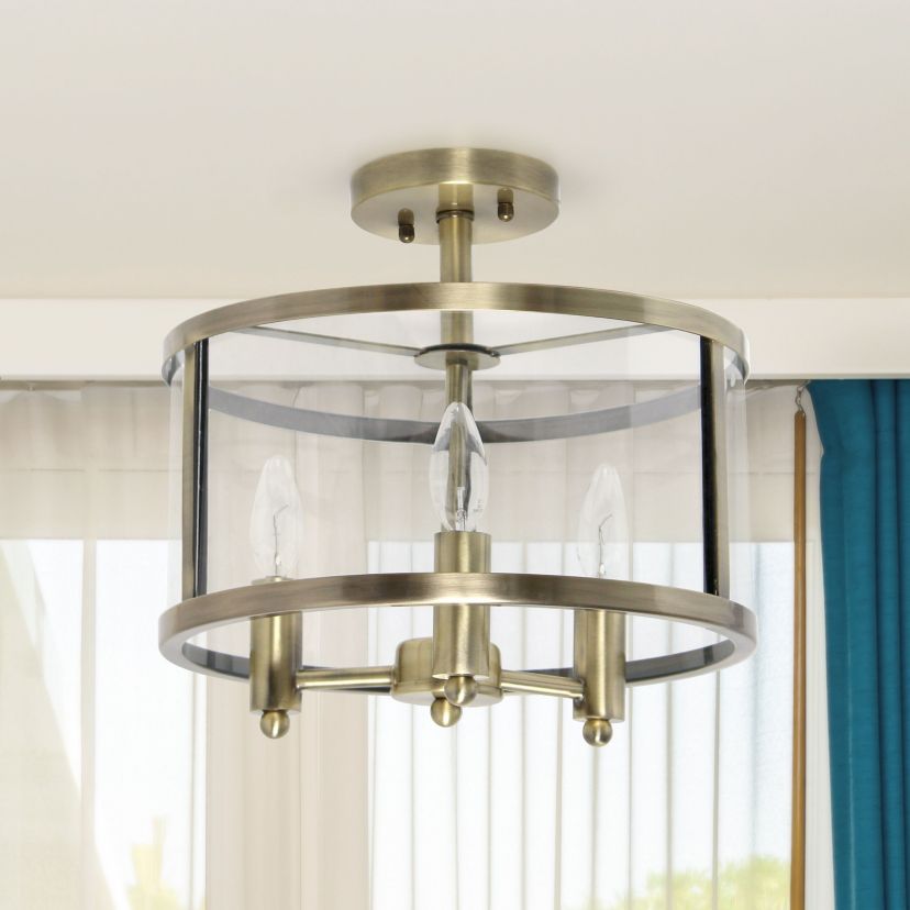 3-Light 13" Glass and Metallic Accented Semi-flushmount