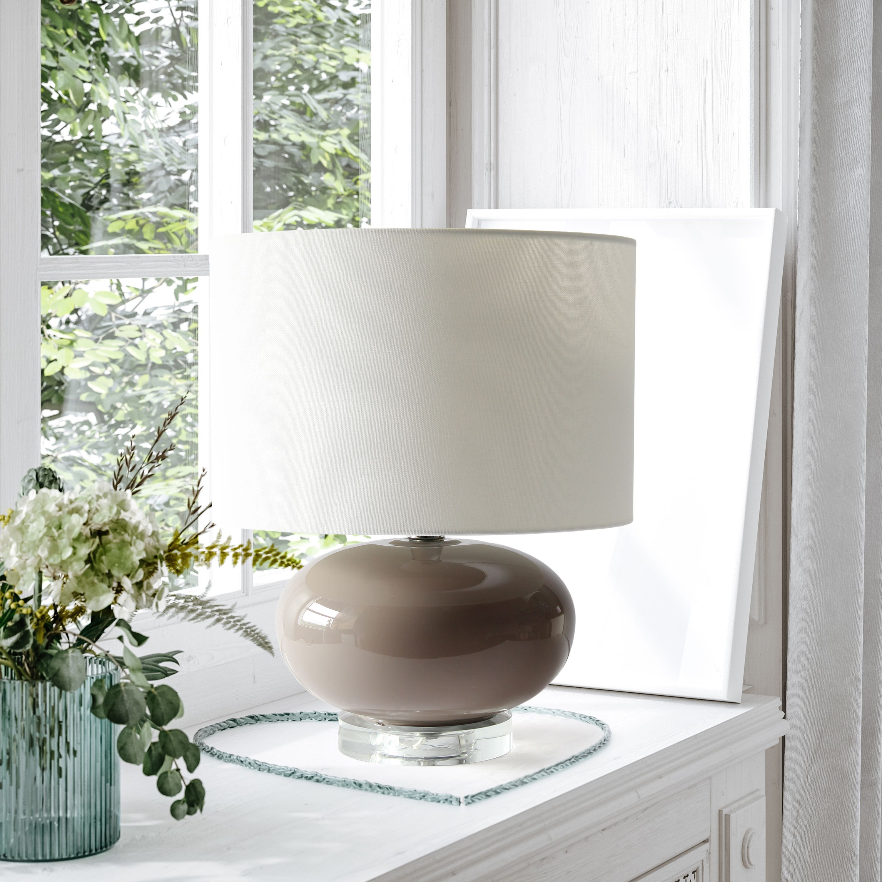 15.25" Modern Ovaloid Glass Bedside Table Lamp with White Fabric Shade