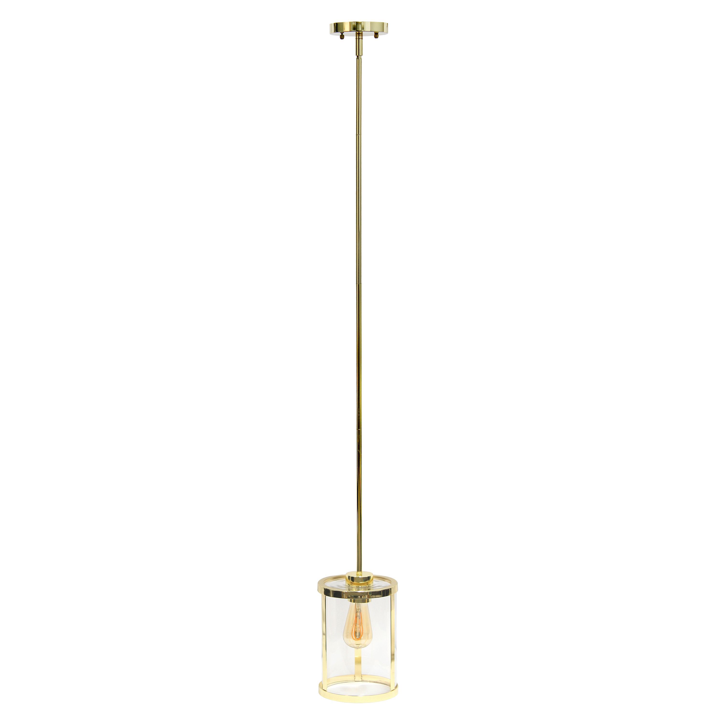 1-Light 9.25" Adjustable Hanging Cylindrical Clear Glass Pendant Fixture with Metal Accents