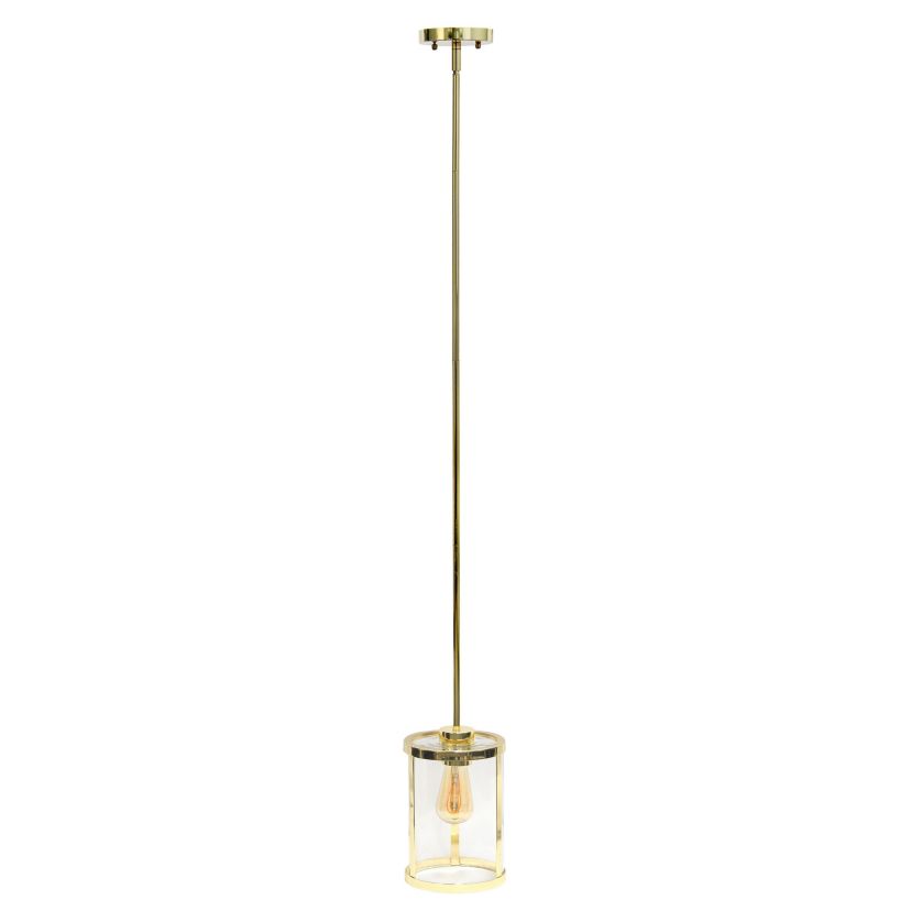 1-Light 9.25" Adjustable Hanging Cylindrical Clear Glass Pendant Fixture with Metal Accents