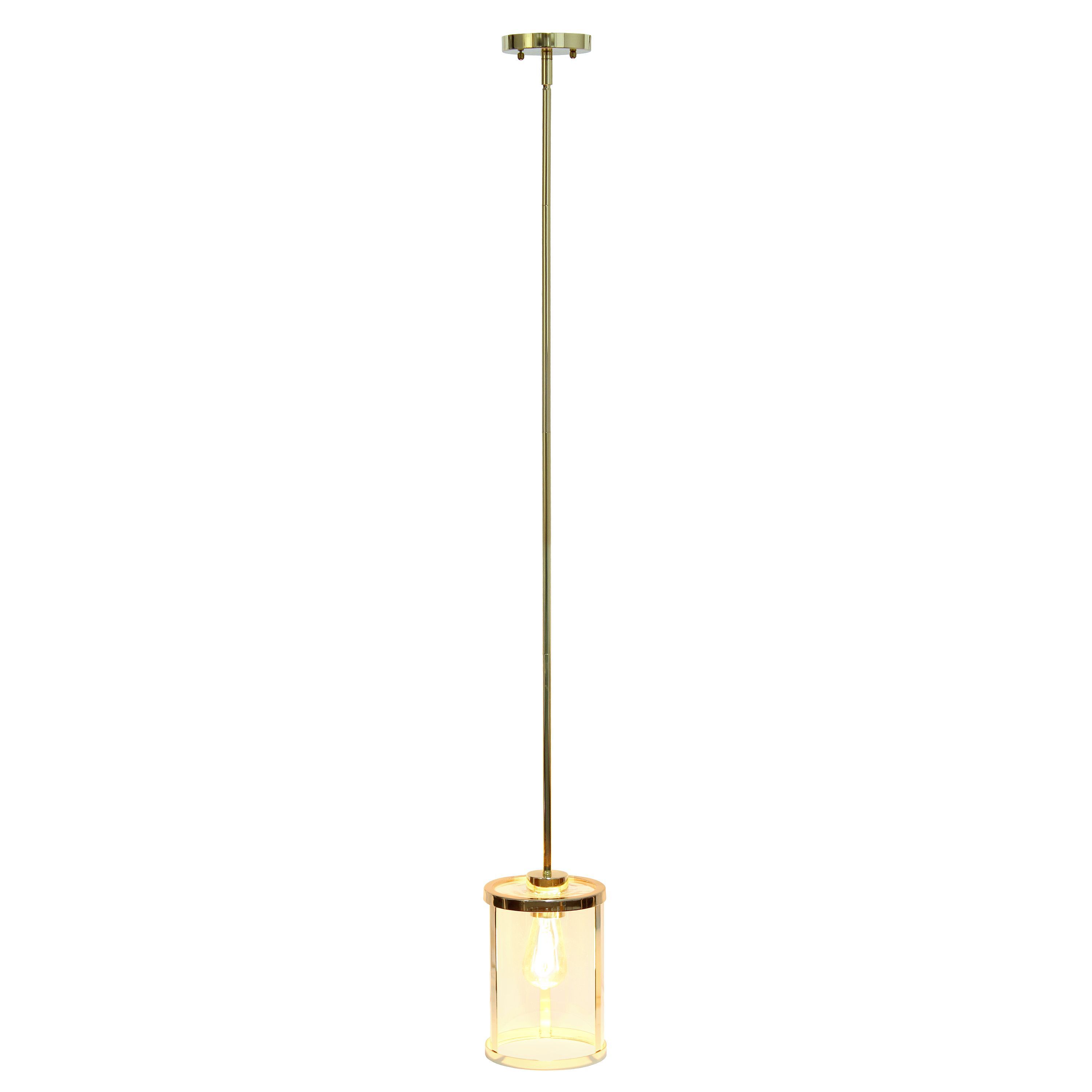 1-Light 9.25" Adjustable Hanging Cylindrical Clear Glass Pendant Fixture with Metal Accents