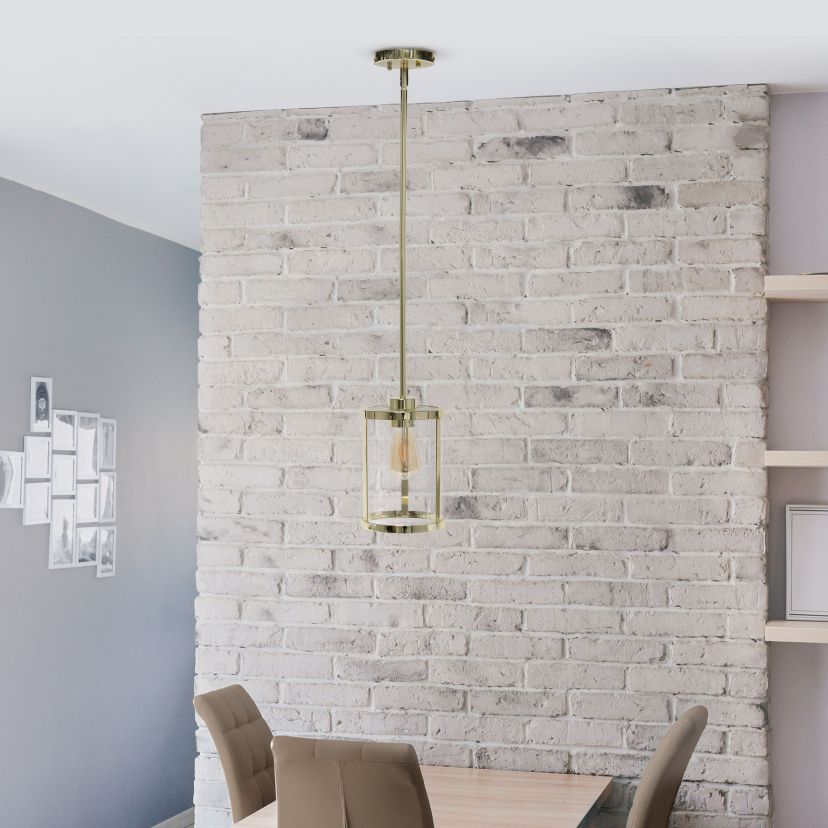 1-Light 9.25" Adjustable Hanging Cylindrical Clear Glass Pendant Fixture with Metal Accents