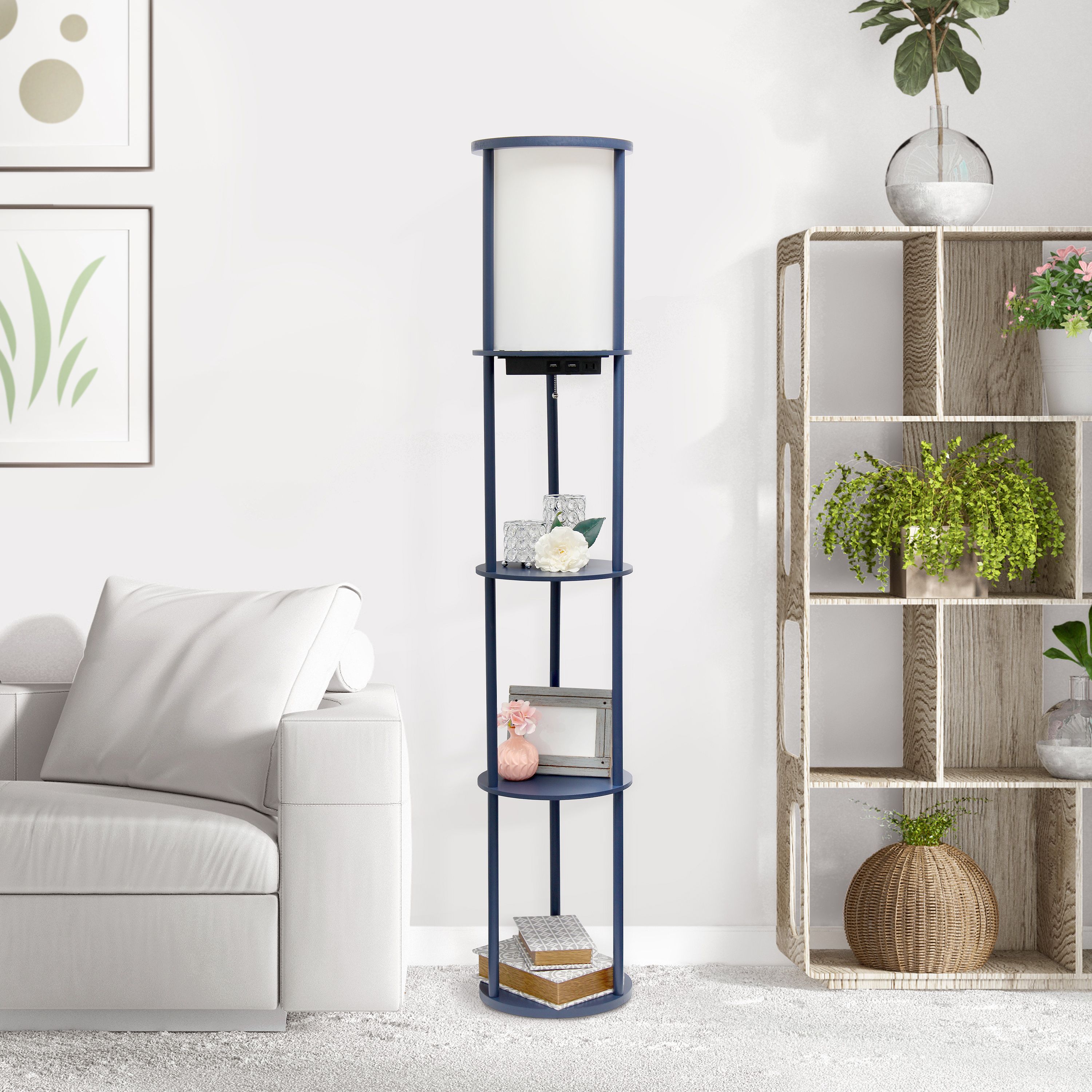 62.5" Round Etagere Organizer Storage Floor Lamp with 2 USB Charging Ports, 1 Charging Outlet