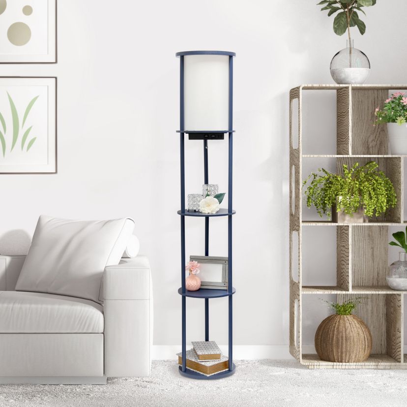 62.5" Round Etagere Organizer Storage Floor Lamp with 2 USB Charging Ports, 1 Charging Outlet