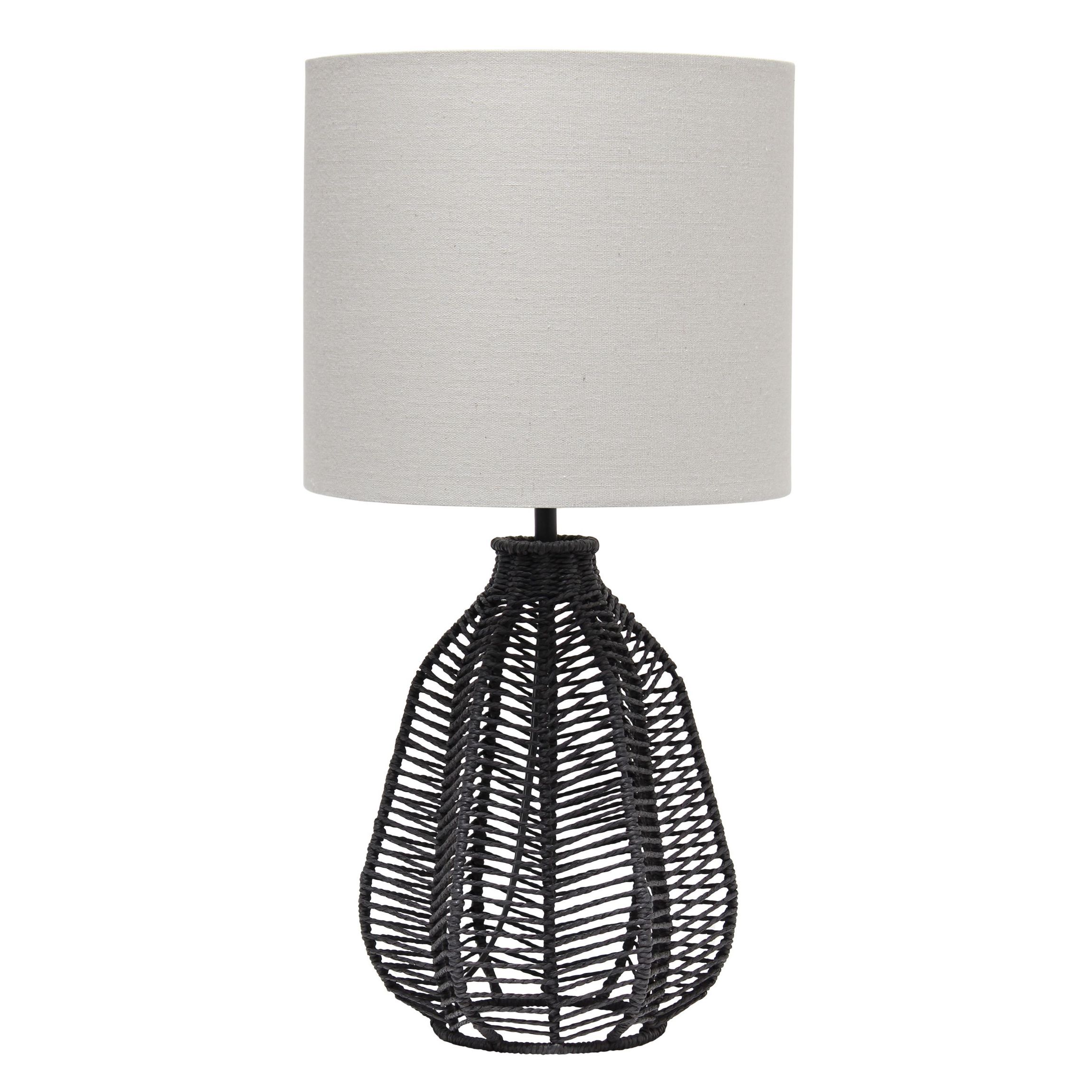 21" Vintage Rattan Wicker Style Paper Rope Bedside Table Lamp with Light Gray Fabric Shade