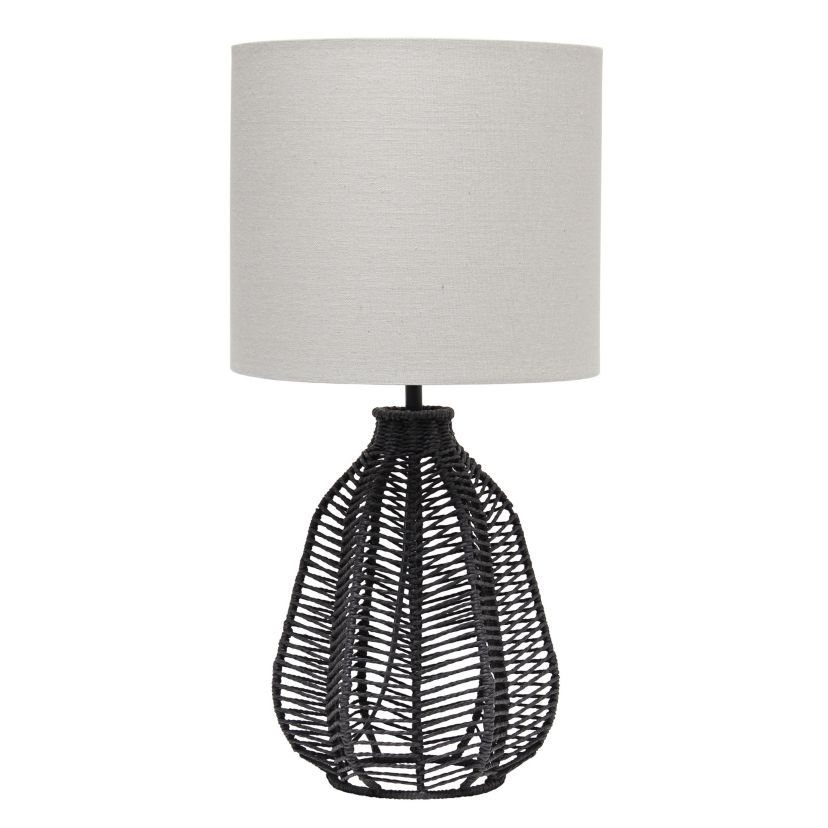 21" Vintage Rattan Wicker Style Paper Rope Bedside Table Lamp with Light Gray Fabric Shade
