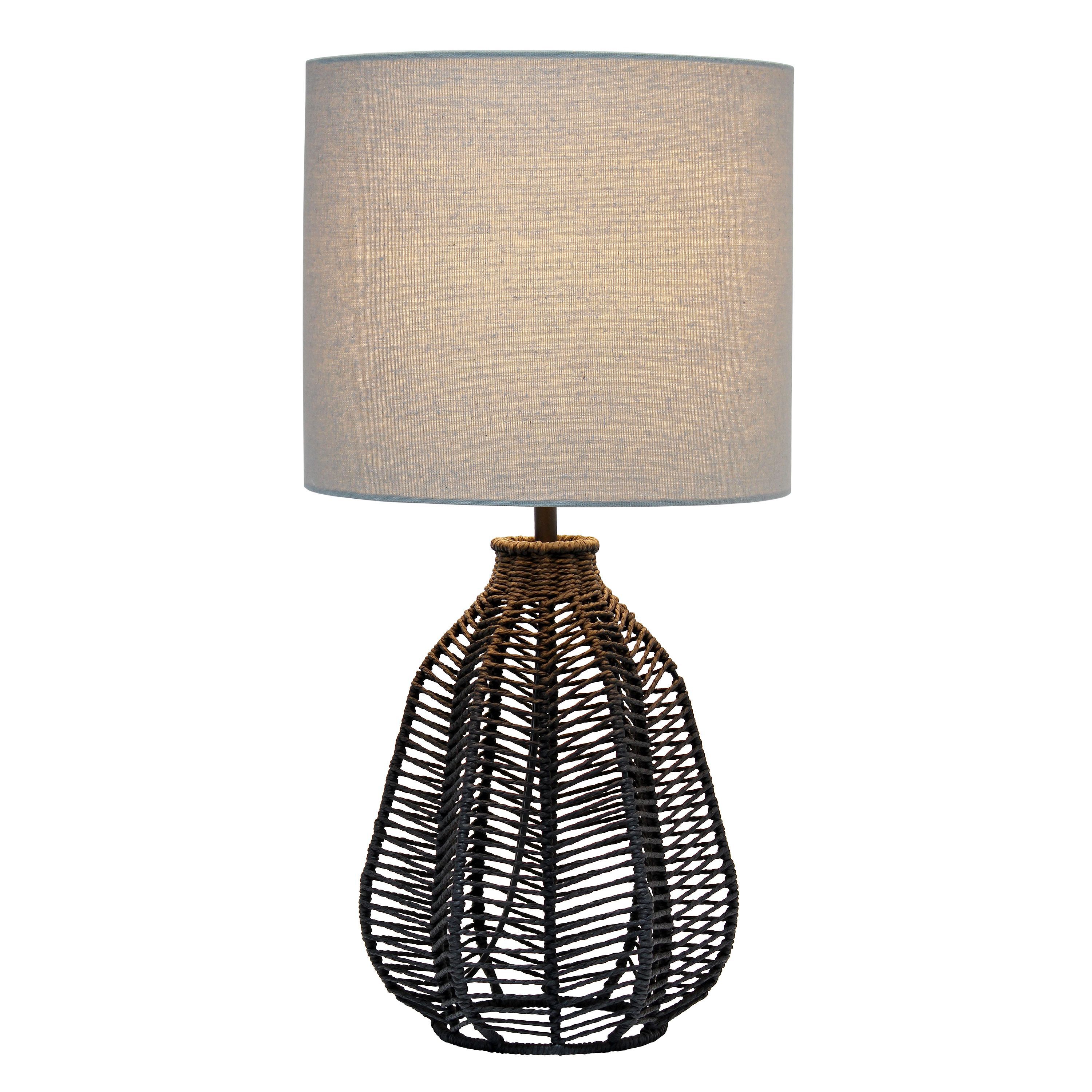 21" Vintage Rattan Wicker Style Paper Rope Bedside Table Lamp with Light Gray Fabric Shade