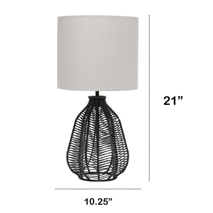21" Vintage Rattan Wicker Style Paper Rope Bedside Table Lamp with Light Gray Fabric Shade