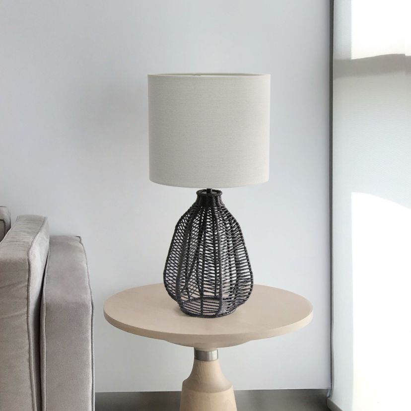 21" Vintage Rattan Wicker Style Paper Rope Bedside Table Lamp with Light Gray Fabric Shade