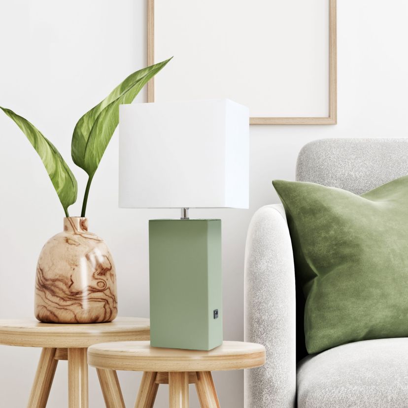 21" Leather Base Modern Home Décor Bedside Table Lamp with USB Charging Port