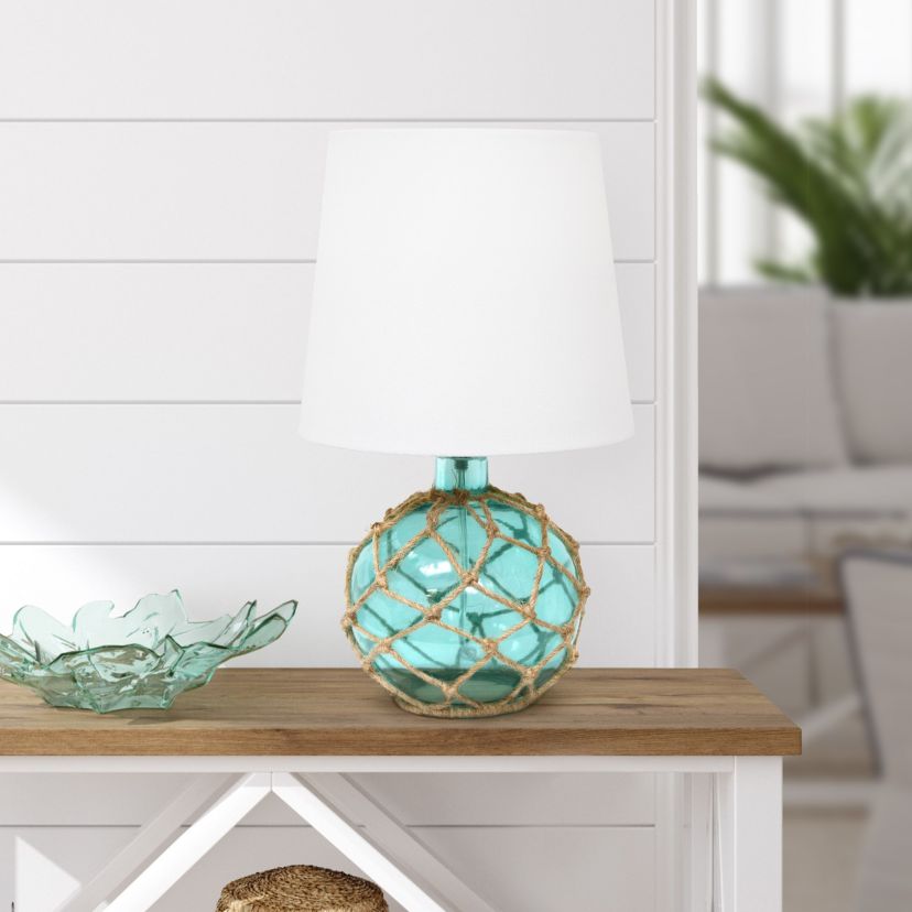 14.75" Medium Coastal Fishermans Shoreside Colored Glass Rope Table Lamp with White Fabric Empire Shade