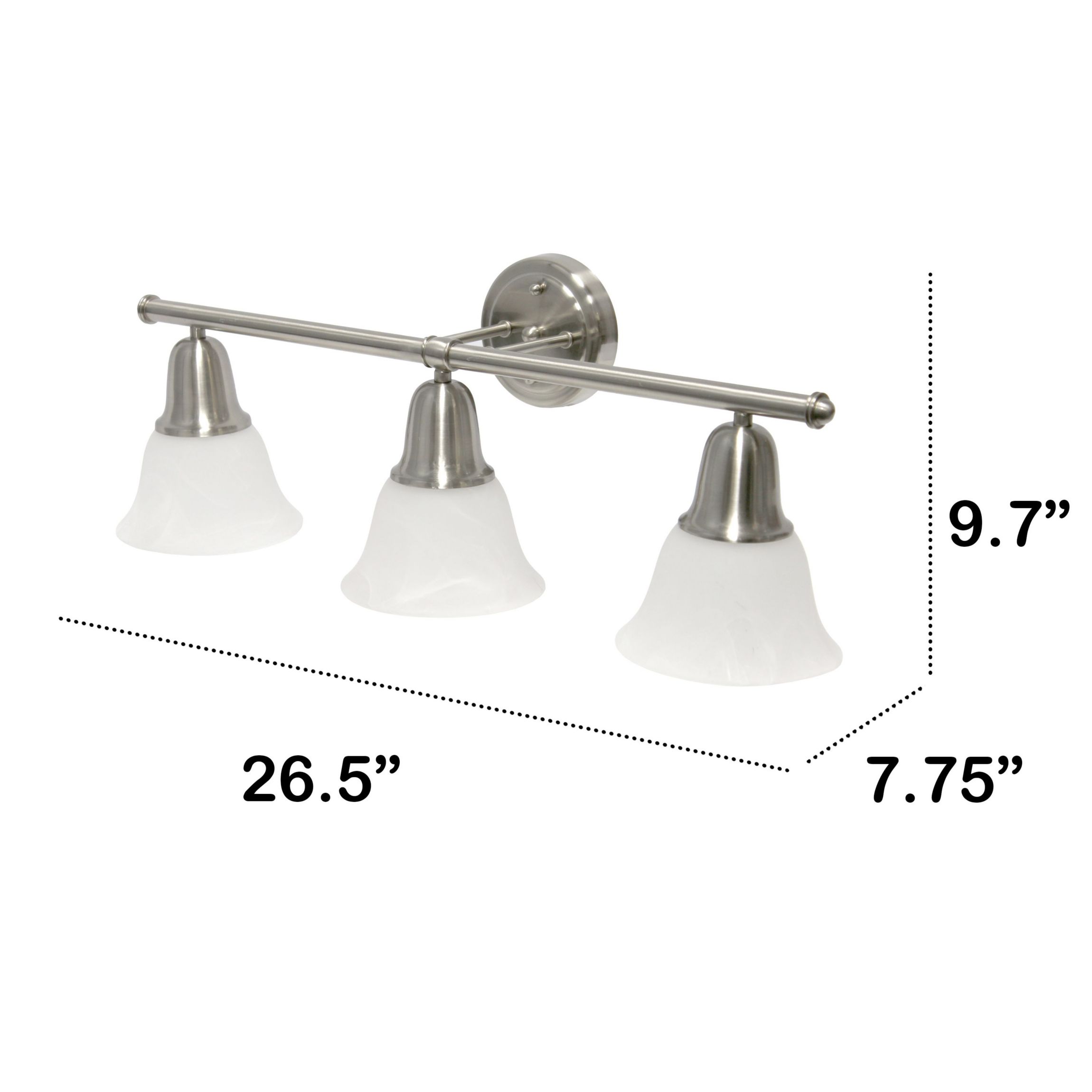 Essentix Contemporary Three Light Metal and Alabaster White Glass Shade Vanity Uplight Downlight Wall Mounted Fixture with Metal Accents