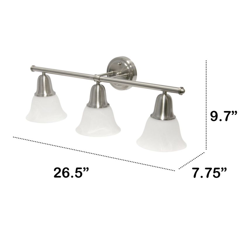 Essentix Contemporary Three Light Metal and Alabaster White Glass Shade Vanity Uplight Downlight Wall Mounted Fixture with Metal Accents