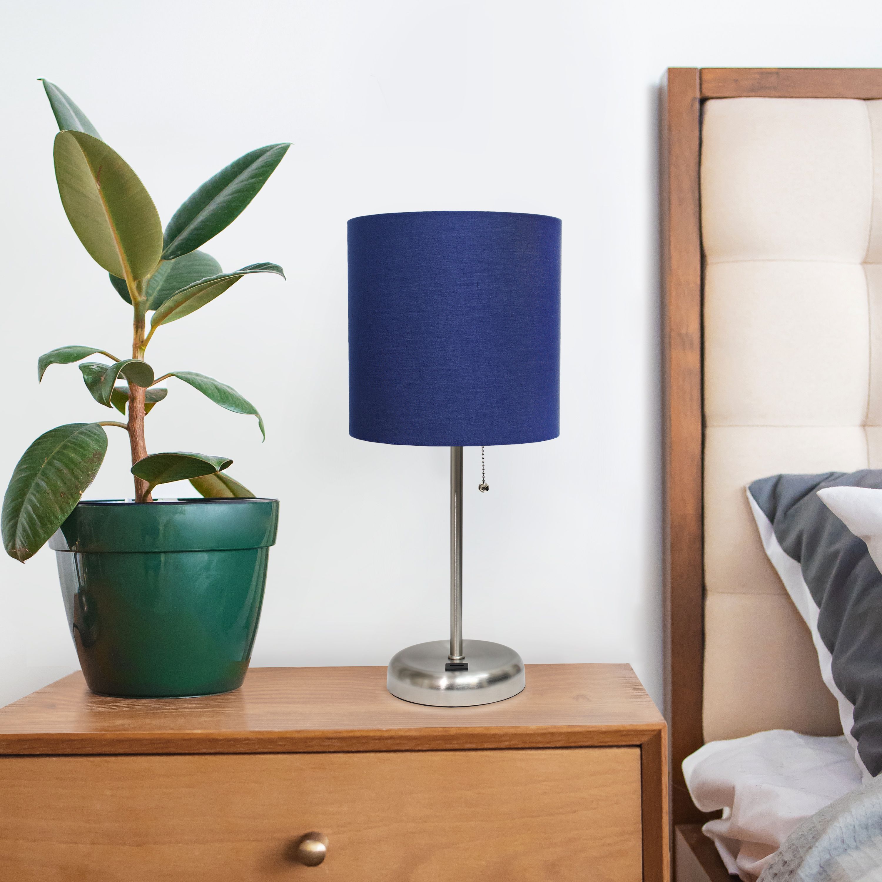 Oslo 19.5" Contemporary Bedside USB Port Feature Standard Metal Table Desk Lamp in White with Gray Drum Fabric Shade