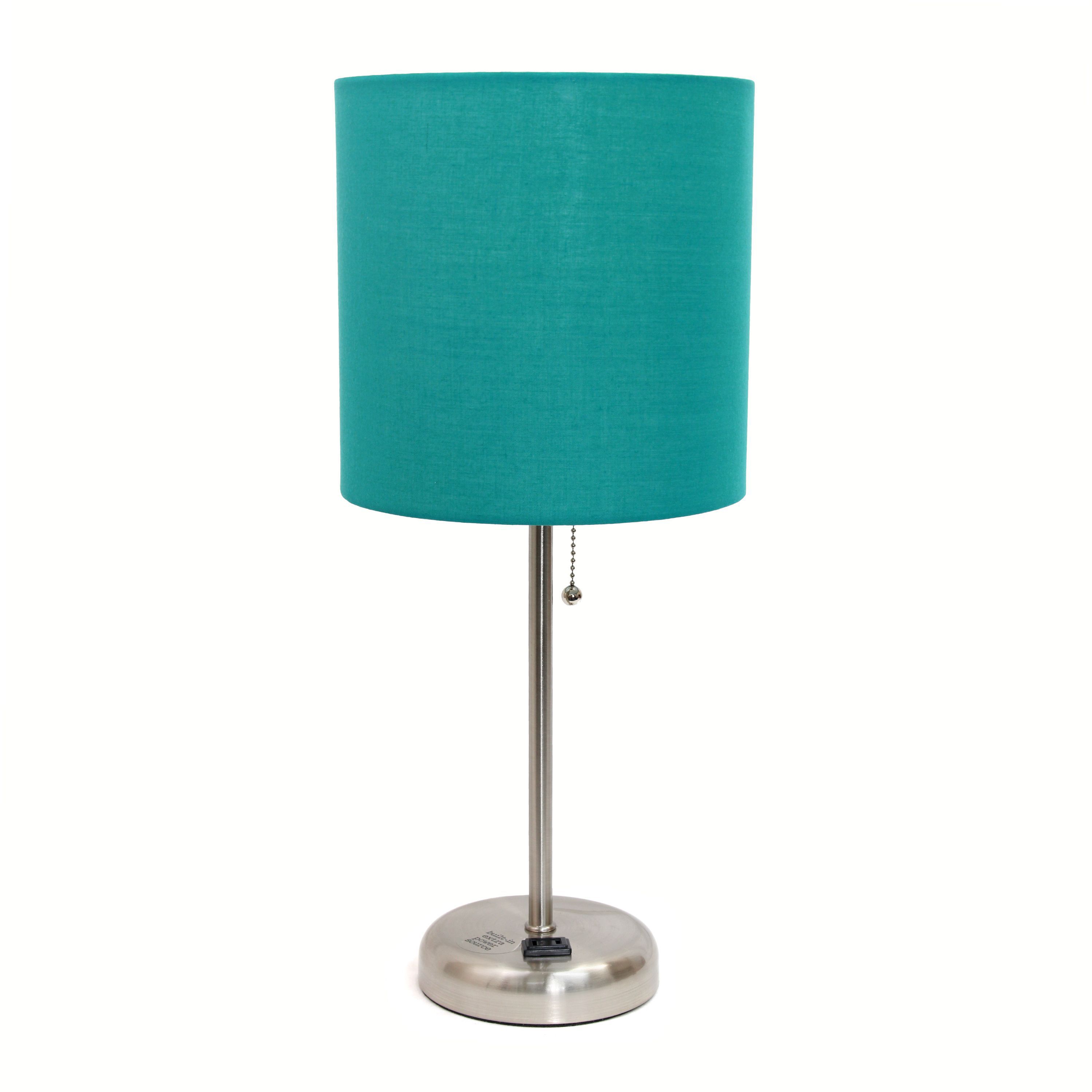 Oslo 19.5" Contemporary Bedside Power Outlet Base Standard Metal Table Desk Lamp in Brushed Steel with Light Pink Drum Fabric Shade