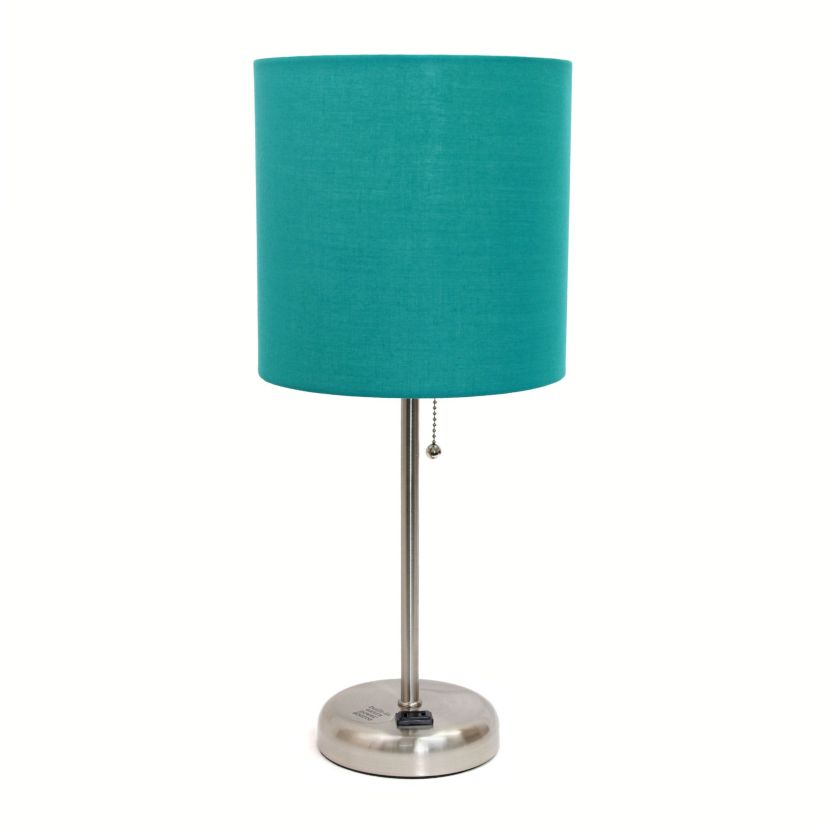 Oslo 19.5" Contemporary Bedside Power Outlet Base Standard Metal Table Desk Lamp in Brushed Steel with Light Pink Drum Fabric Shade
