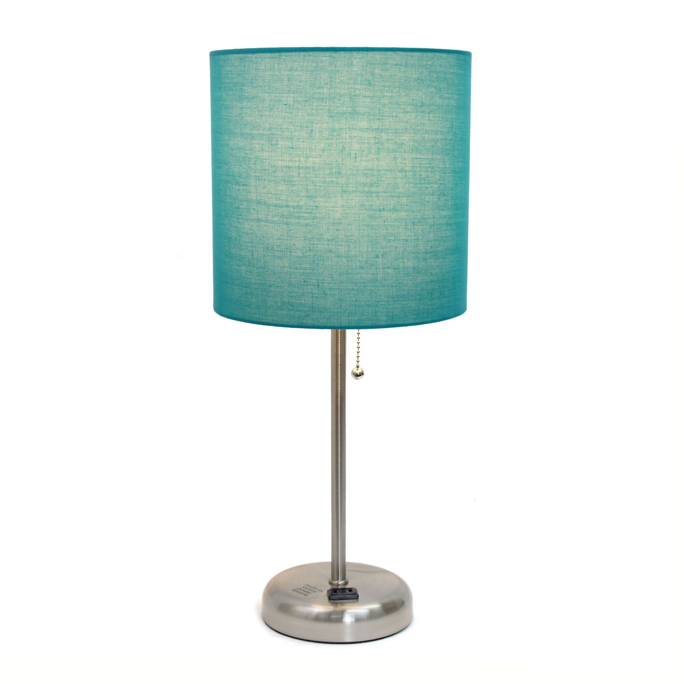 Oslo 19.5" Contemporary Bedside Power Outlet Base Standard Metal Table Desk Lamp in Brushed Steel with Light Pink Drum Fabric Shade