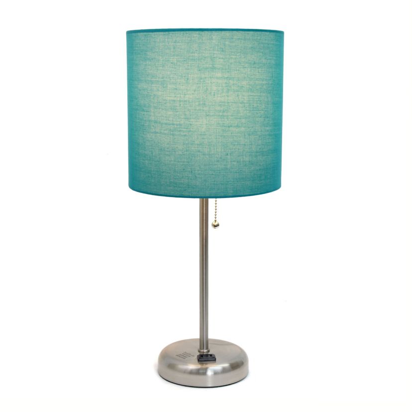 Oslo 19.5" Contemporary Bedside Power Outlet Base Standard Metal Table Desk Lamp in Brushed Steel with Light Pink Drum Fabric Shade