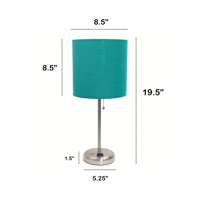 Oslo 19.5" Contemporary Bedside Power Outlet Base Standard Metal Table Desk Lamp in Brushed Steel with Light Pink Drum Fabric Shade
