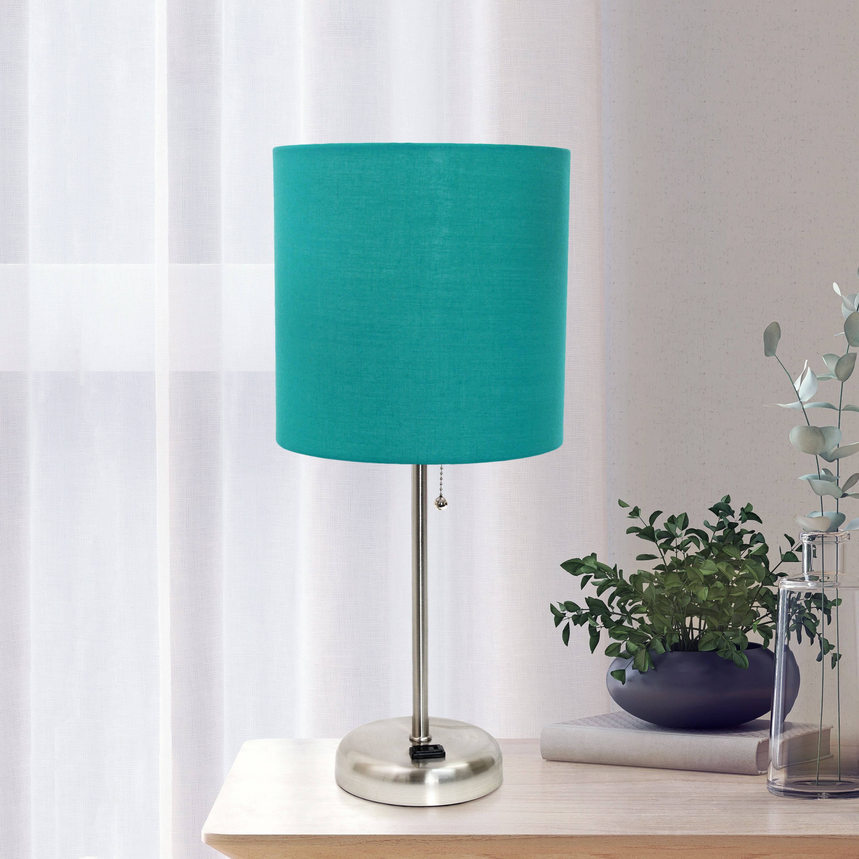 Oslo 19.5" Contemporary Bedside Power Outlet Base Standard Metal Table Desk Lamp in Brushed Steel with Light Pink Drum Fabric Shade