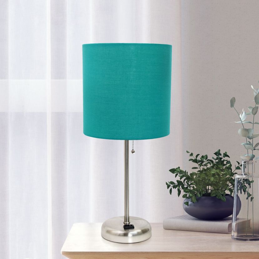 Oslo 19.5" Contemporary Bedside Power Outlet Base Standard Metal Table Desk Lamp in Brushed Steel with Light Pink Drum Fabric Shade