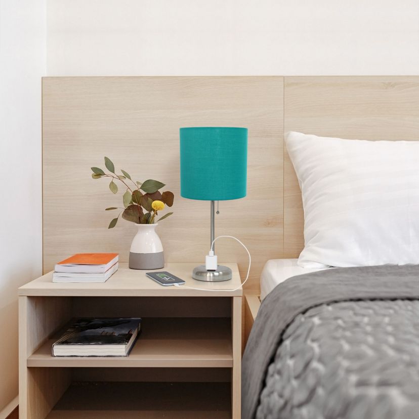 Oslo 19.5" Contemporary Bedside Power Outlet Base Standard Metal Table Desk Lamp in Brushed Steel with Light Pink Drum Fabric Shade