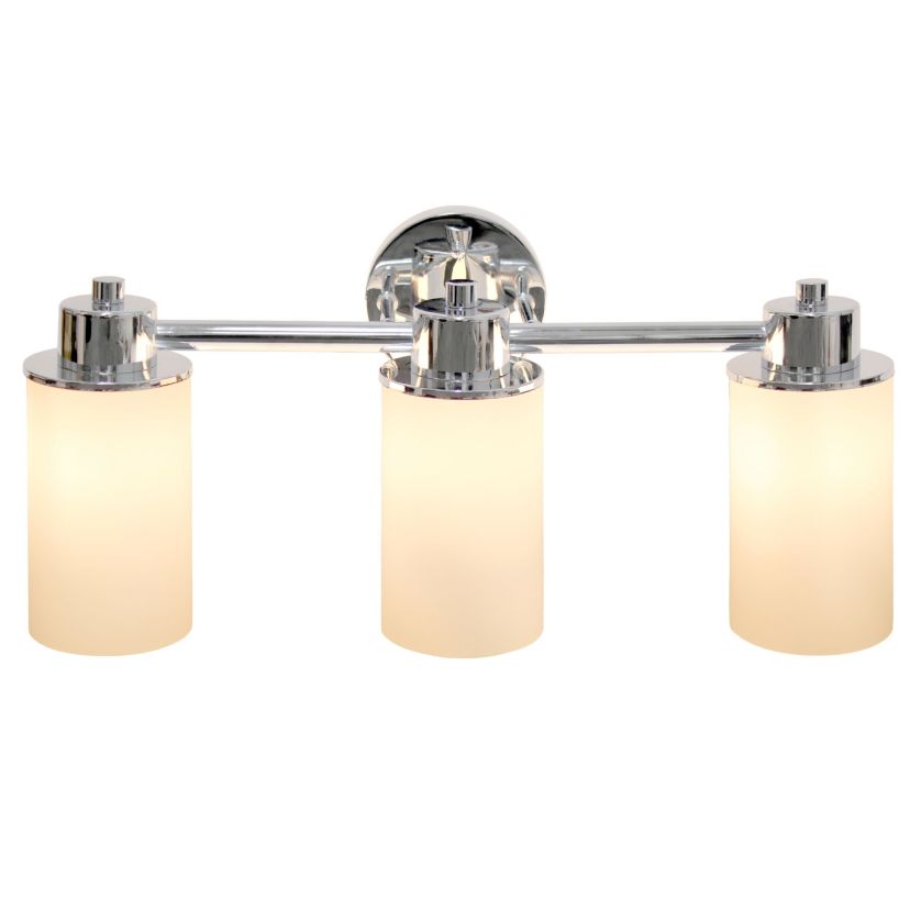 Essentix Contemporary Three Light Metal and Opaque White Glass Shade Vanity Uplight Downlight Wall Mounted Fixture with Round Backplate