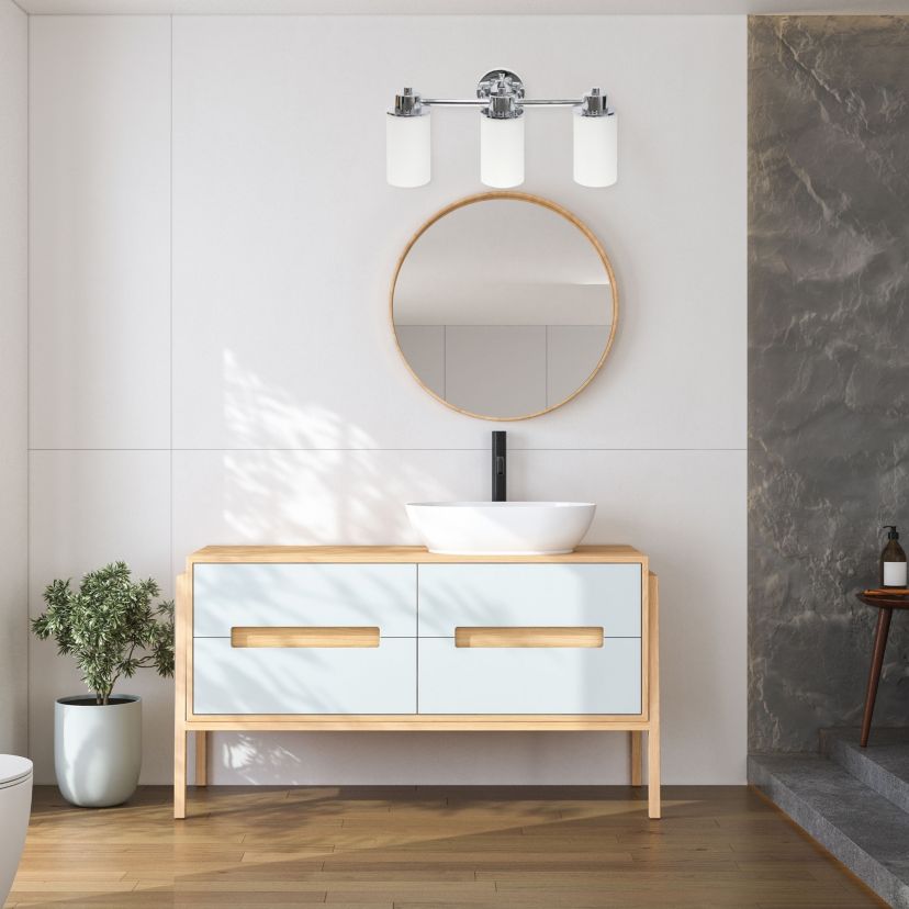 Essentix Contemporary Three Light Metal and Opaque White Glass Shade Vanity Uplight Downlight Wall Mounted Fixture with Round Backplate