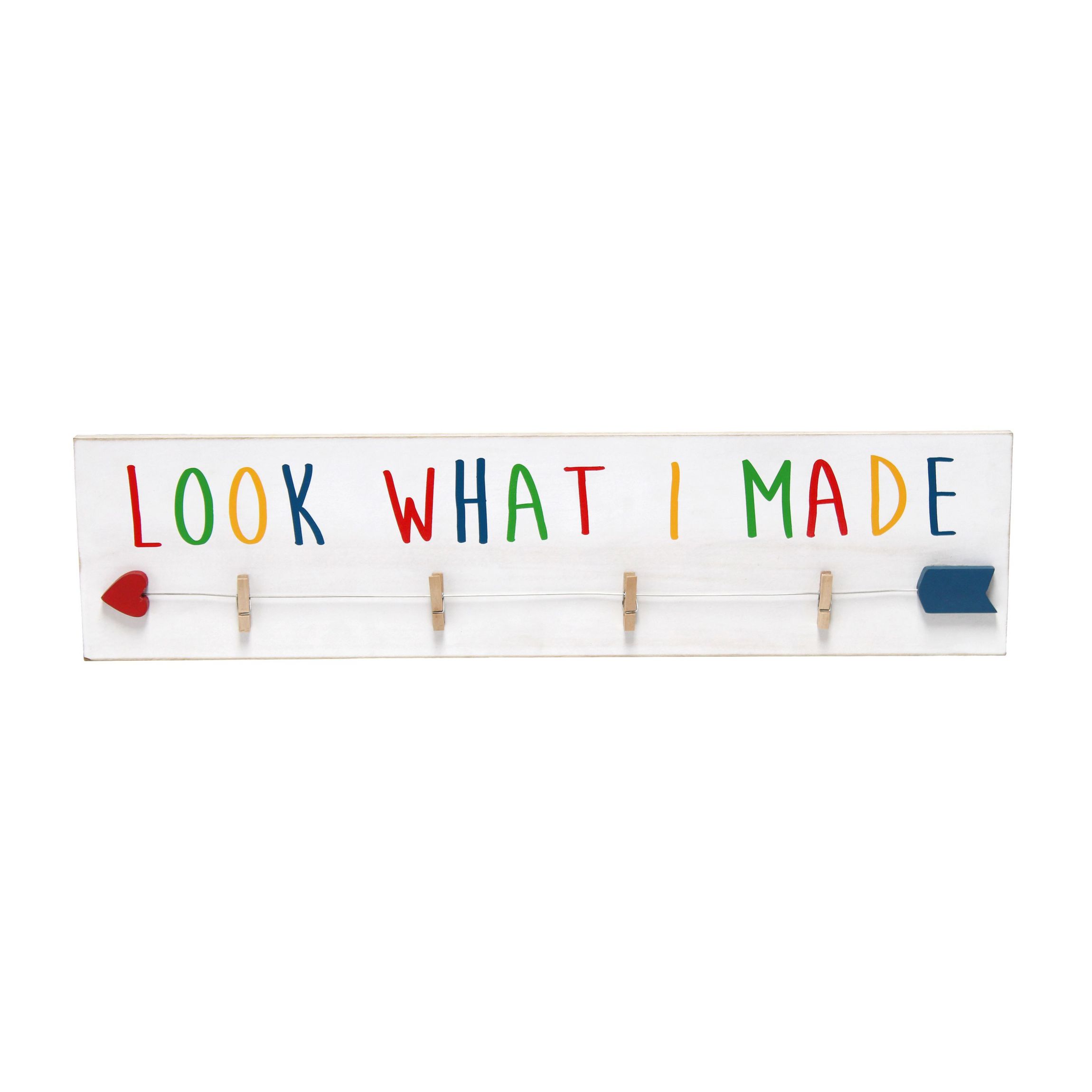 Elegant Designs Decorix Farmhouse Wall Mounted Hanging 4 Photo Wooden Picture Frame Display with Clips Hearted Arrow and "Look What I Made" Script in Black Text for Artwork, Drawings, Home Décor, Kids Room, Nursery, Playroom, Bedroom, Livingroom, White Wash