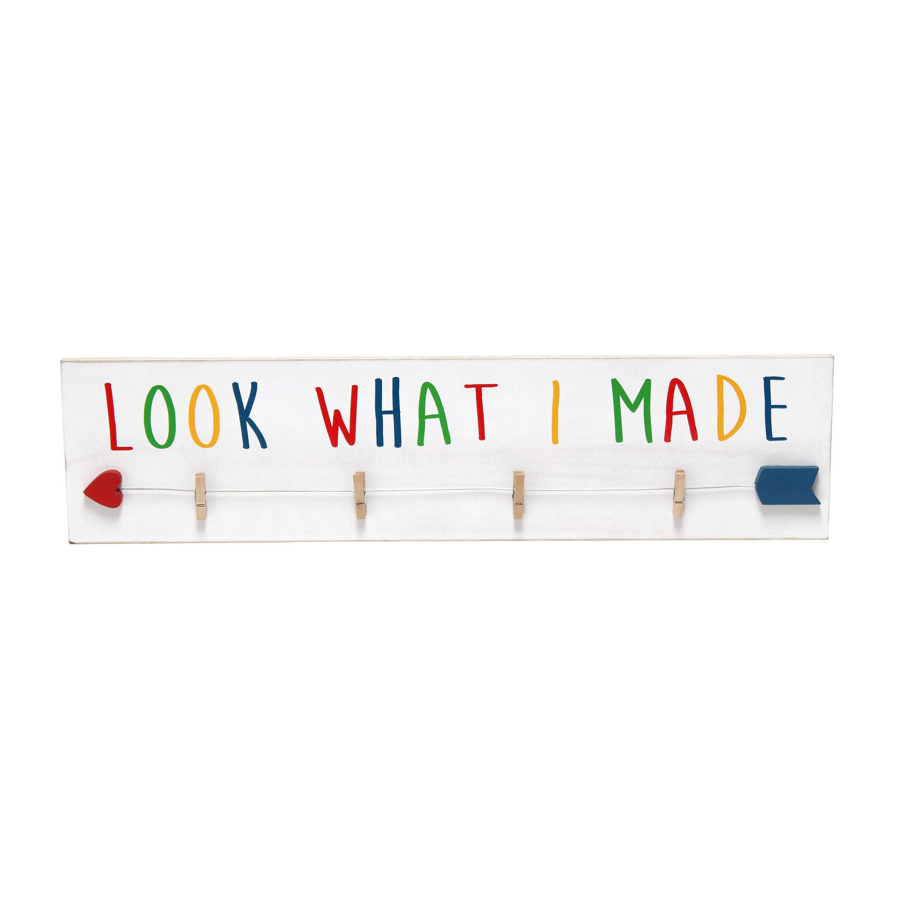 Elegant Designs Decorix Farmhouse Wall Mounted Hanging 4 Photo Wooden Picture Frame Display with Clips Hearted Arrow and "Look What I Made" Script in Black Text for Artwork, Drawings, Home Décor, Kids Room, Nursery, Playroom, Bedroom, Livingroom, White Wash