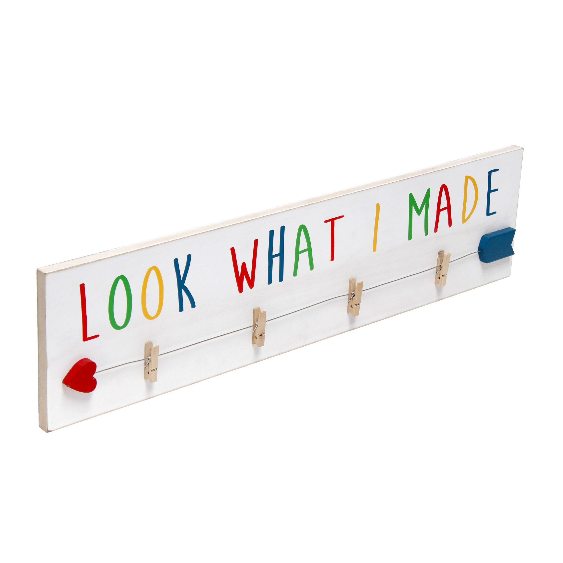 Elegant Designs Decorix Farmhouse Wall Mounted Hanging 4 Photo Wooden Picture Frame Display with Clips Hearted Arrow and "Look What I Made" Script in Black Text for Artwork, Drawings, Home Décor, Kids Room, Nursery, Playroom, Bedroom, Livingroom, White Wash