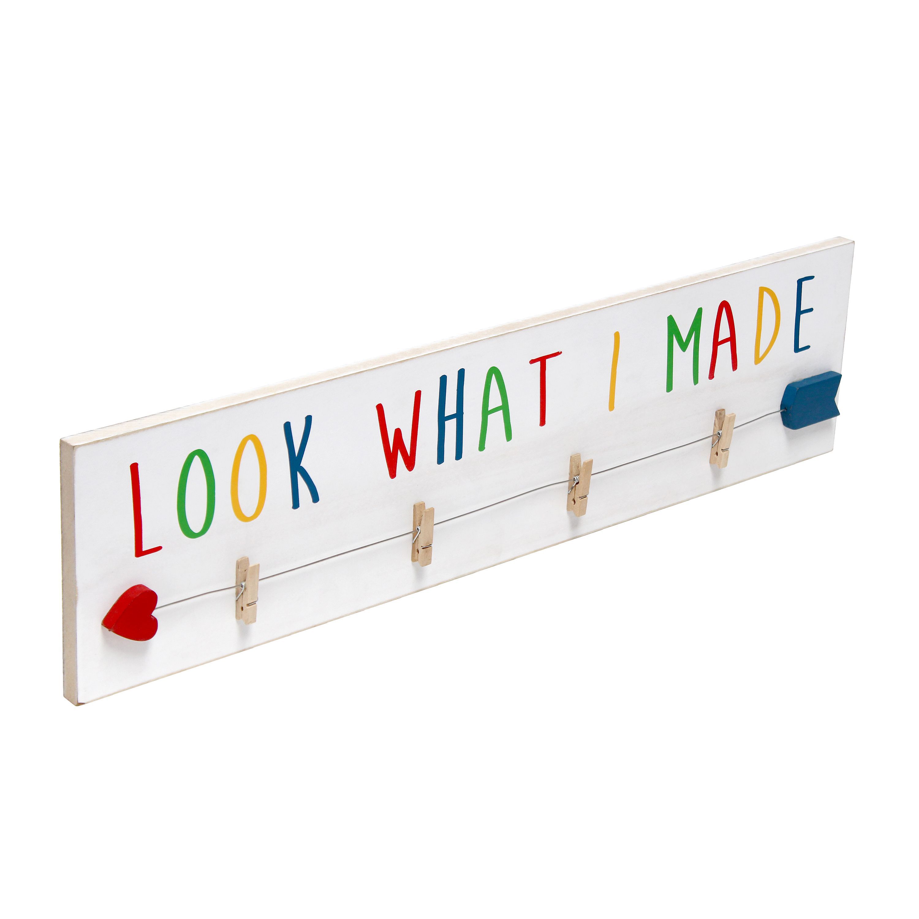 Elegant Designs Decorix Farmhouse Wall Mounted Hanging 4 Photo Wooden Picture Frame Display with Clips Hearted Arrow and "Look What I Made" Script in Black Text for Artwork, Drawings, Home Décor, Kids Room, Nursery, Playroom, Bedroom, Livingroom, White Wash