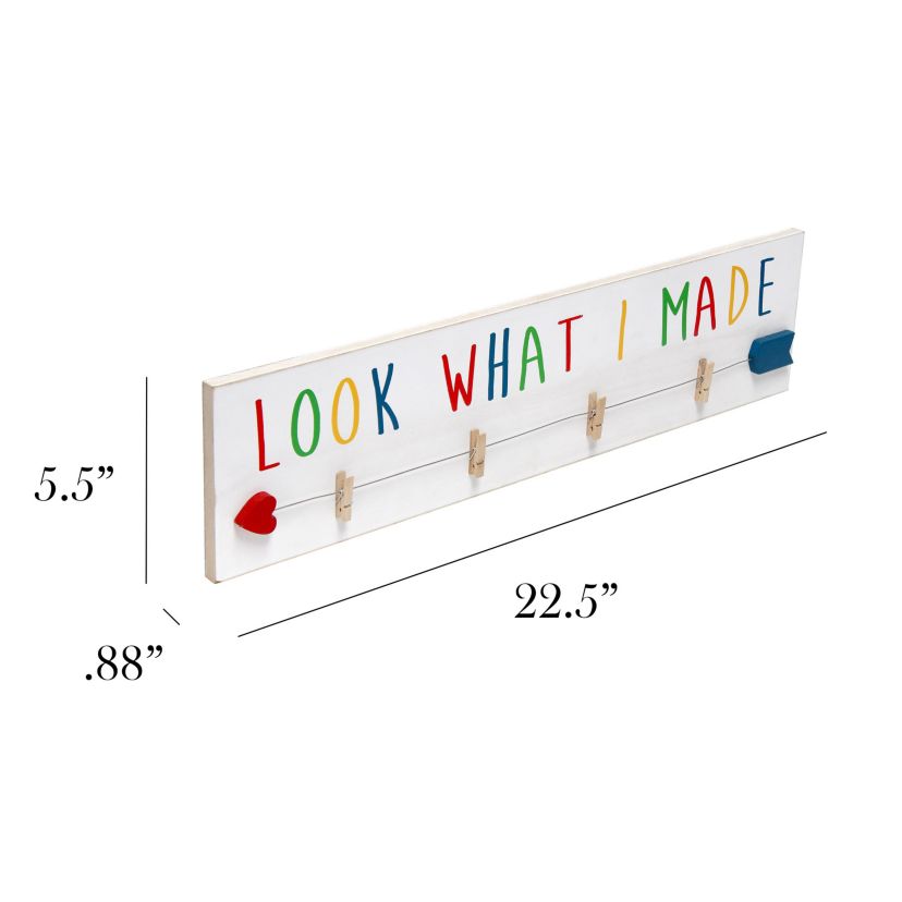 Elegant Designs Decorix Farmhouse Wall Mounted Hanging 4 Photo Wooden Picture Frame Display with Clips Hearted Arrow and "Look What I Made" Script in Black Text for Artwork, Drawings, Home Décor, Kids Room, Nursery, Playroom, Bedroom, Livingroom, White Wash