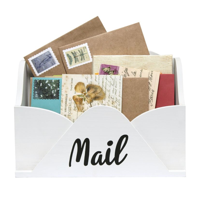Elegant Designs Homewood Farmhouse Wooden Decorative Envelope Shaped Desktop Letter Holder, Bills Organizer, Storage Box, Crate with "Mail" Script in Black for Home Décor, Countertop, Tabletop, Desk, Office, Entryway, White