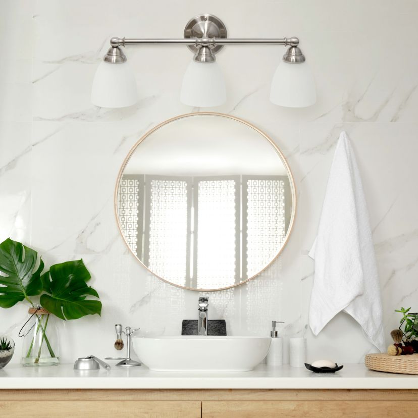 Essentix Traditional Three Light Metal and Translucent Glass Shade Vanity Uplight Downlight Wall Mounted Fixture