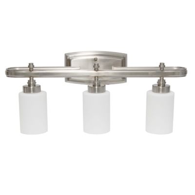 Essentix Contemporary Three Light Metal and Opaque White Glass Shade Vanity Uplight Downlight Wall Mounted Fixture with Rectangle Backplate