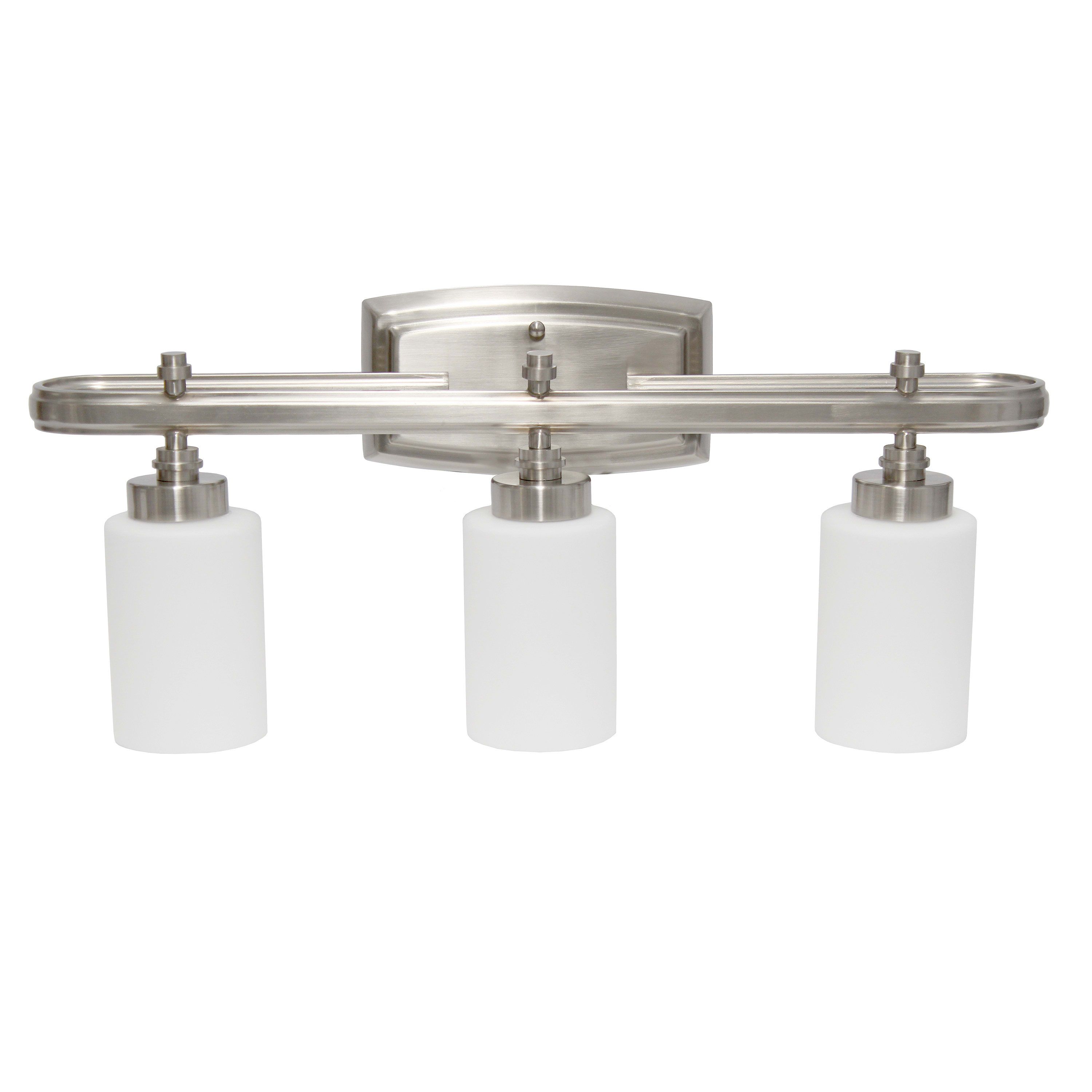 Essentix Contemporary Three Light Metal and Opaque White Glass Shade Vanity Uplight Downlight Wall Mounted Fixture with Rectangle Backplate