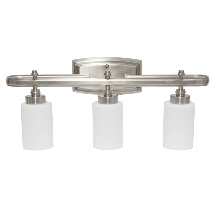 Essentix Contemporary Three Light Metal and Opaque White Glass Shade Vanity Uplight Downlight Wall Mounted Fixture with Rectangle Backplate